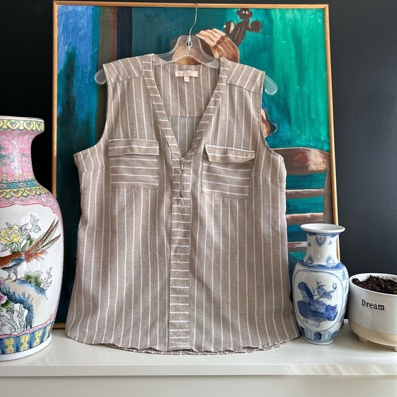 Tan Sleeveless Pullover Zip Down Blouse L - Picture 14 of 15